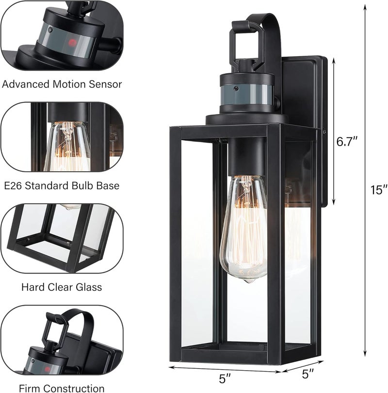 ricco Motion Sensor Outdoor Wall Lantern, Dusk to Dawn Lighting Sconce, Modern Matte Black Exterior Light Fixture, Waterproof Mount Porch Lights With Clear Glass for Garage, ETL Listed - Image 5
